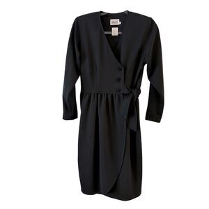 Vintage Leslie Fay Long Sleeve Faux Wrap Knee Length Dress w Buttons & Tie Waist